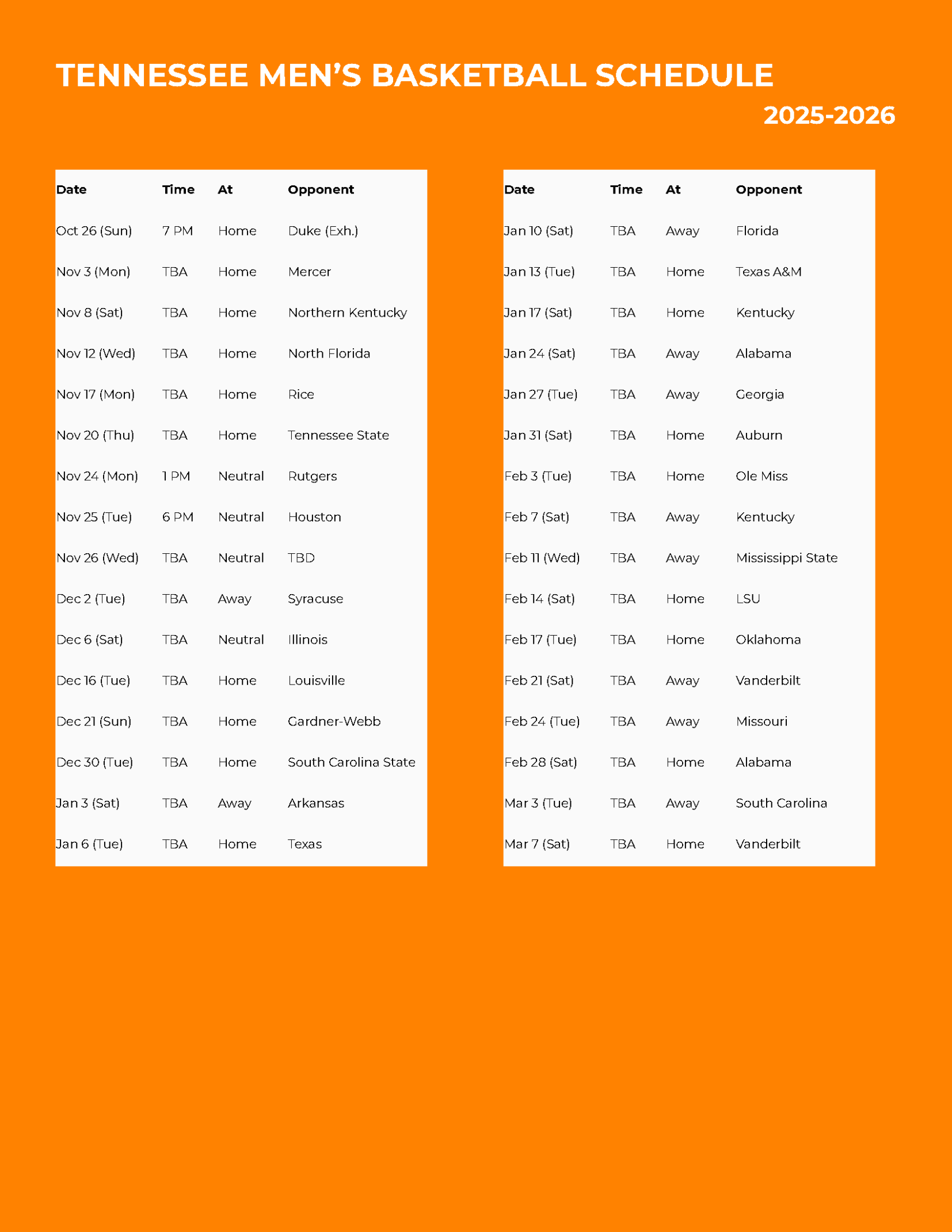 published tennessee basketball schedule mens 2025 2026